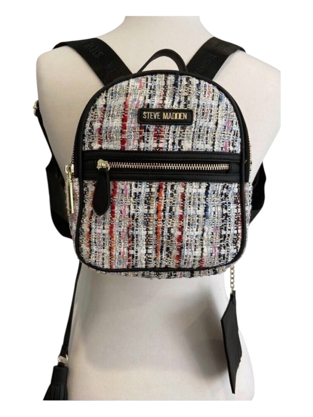 Steve Madden Tweed Mini Backpack White & Black Leather Accents & Gold Hardware